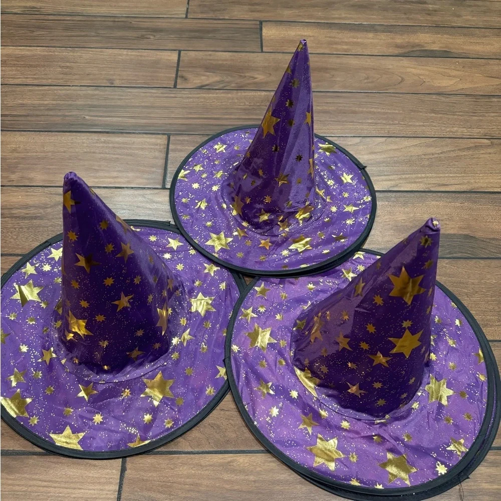 Purple and Gold Star Halloween witch Hats for costume accessories bundle of 8